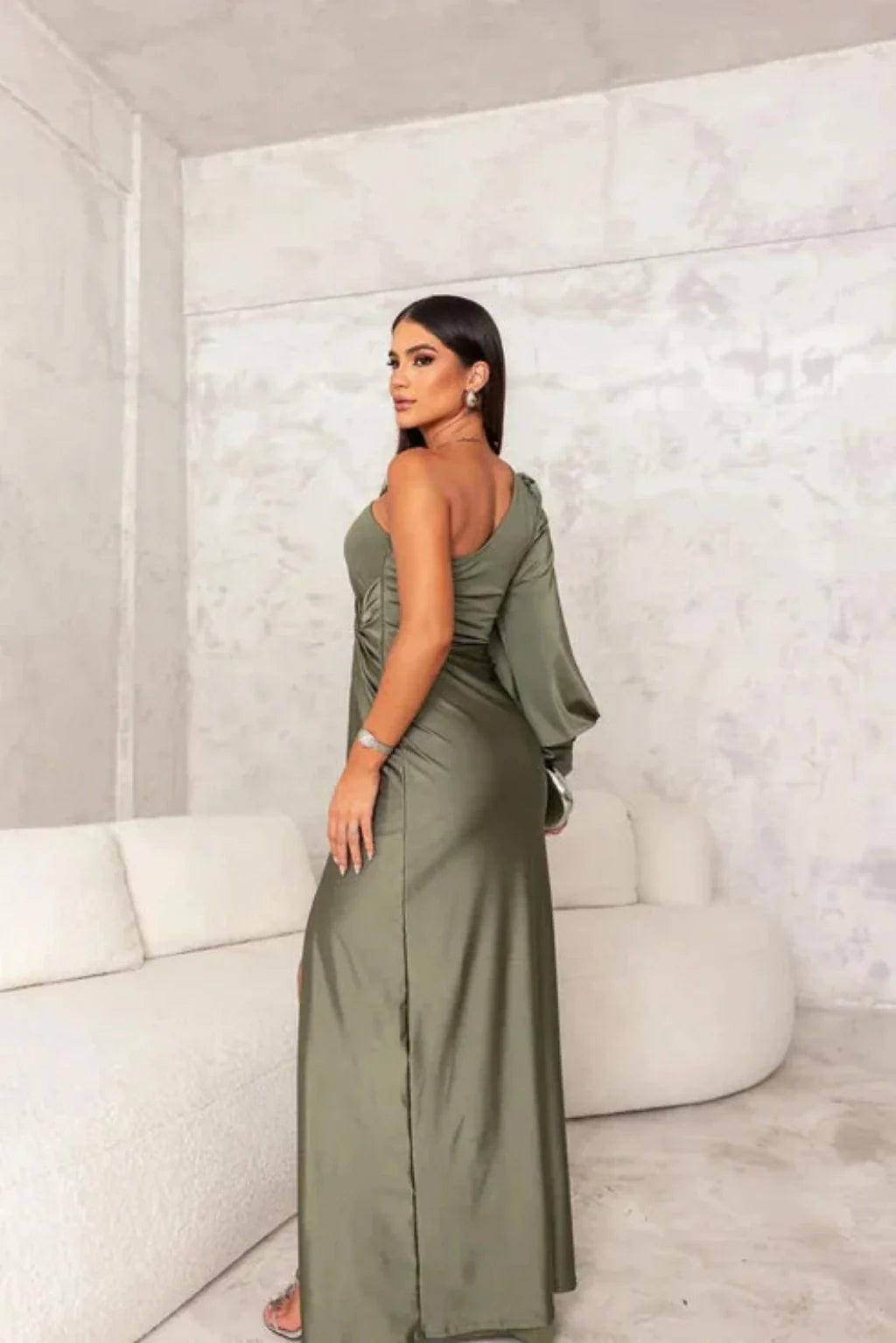 Women’s One Shoulder Satin Look Dress with Draping and Split