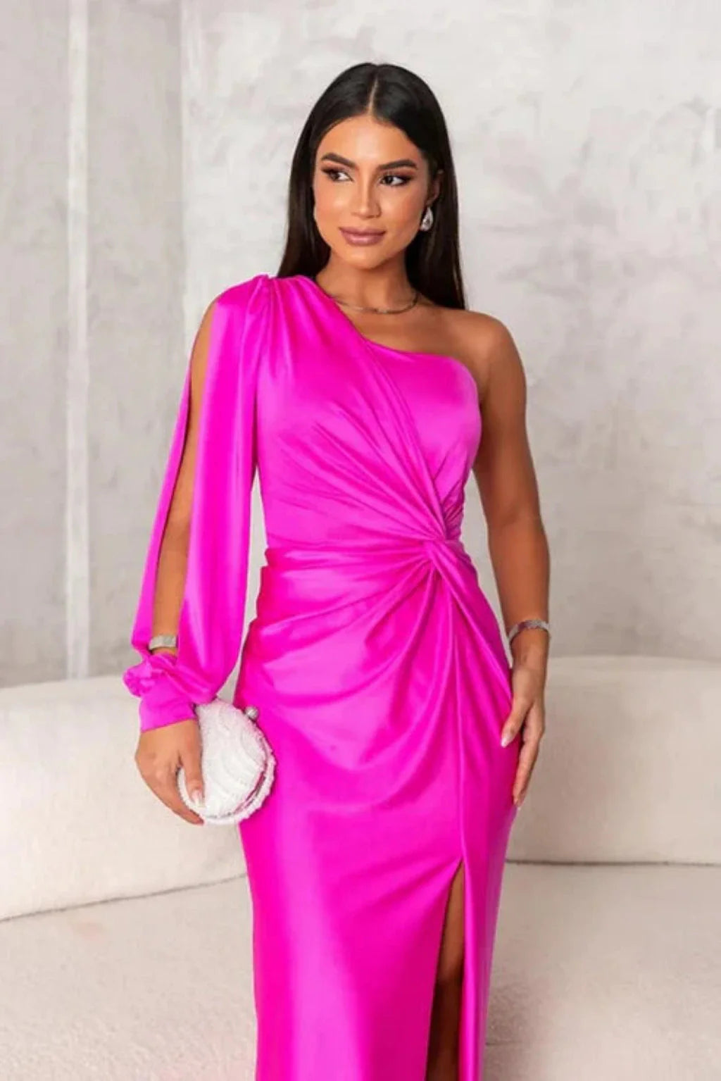 Women’s One Shoulder Satin Look Dress with Draping and Split