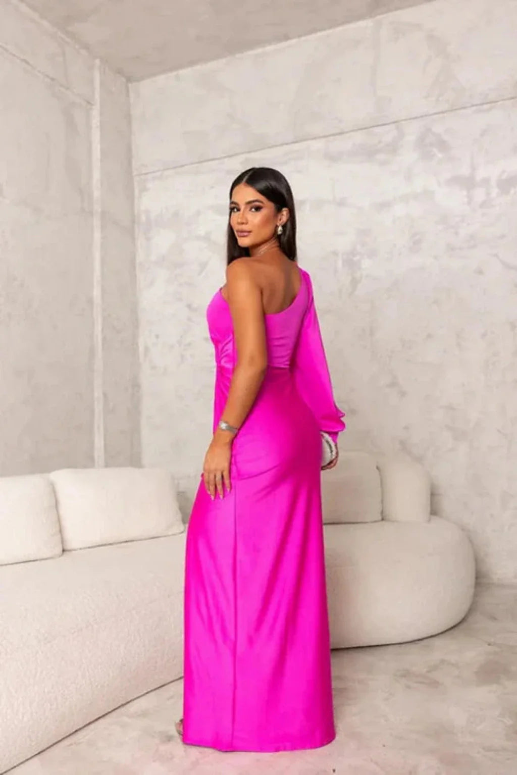 Women’s One Shoulder Satin Look Dress with Draping and Split