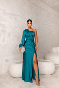 Women’s One Shoulder Satin Look Dress with Draping and Split
