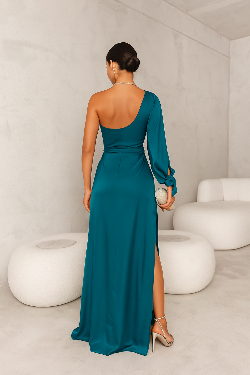 Women’s One Shoulder Satin Look Dress with Draping and Split