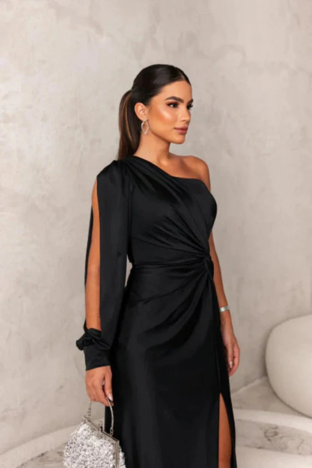Women’s One Shoulder Satin Look Dress with Draping and Split