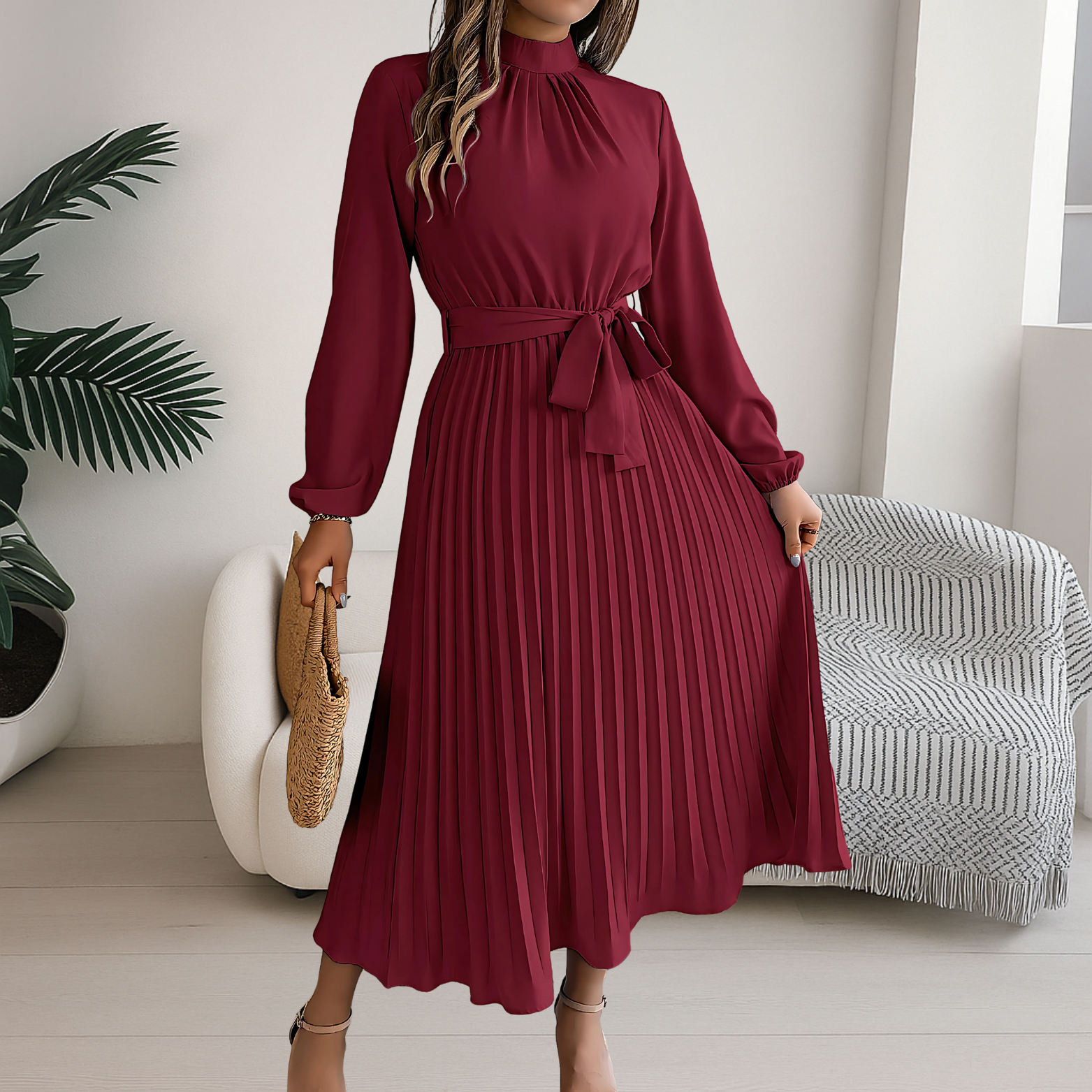 Women’s Midi Dress with Pleated Skirt and Tie Belt