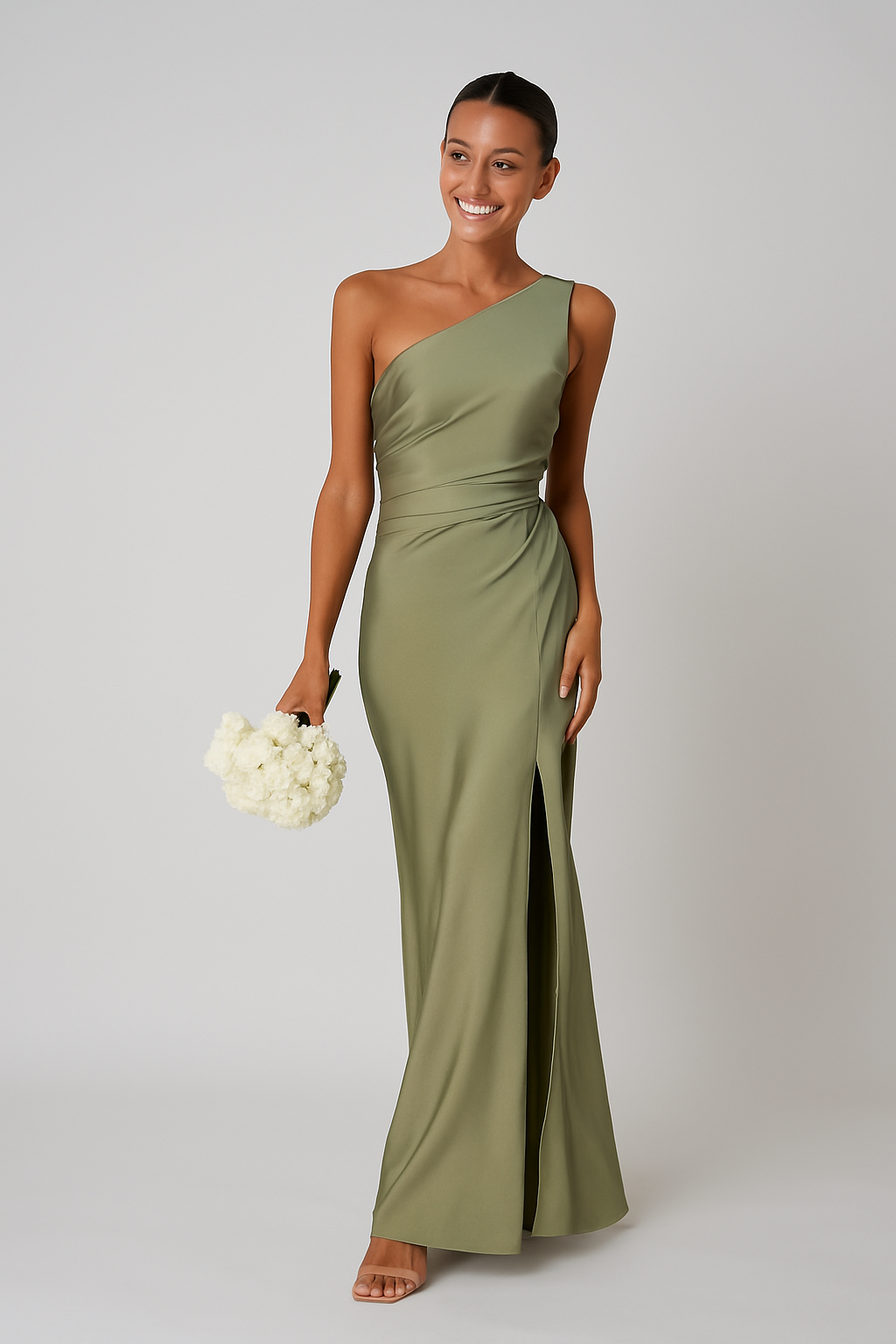 Satin Look One Shoulder High Split Maxi Dress