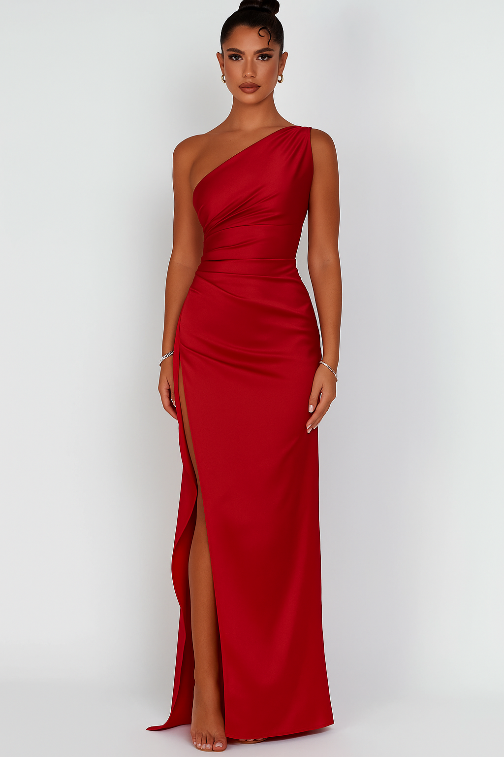 Satin One Shoulder Maxi Dress with Elegant Split